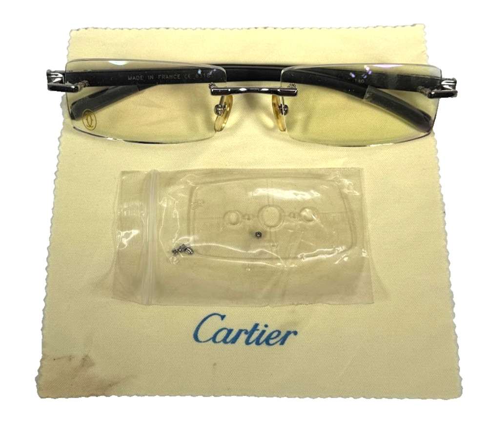 Vintage Cartier Paris C Décor Rimless Eyeglasses Black 140 Made in France w Case